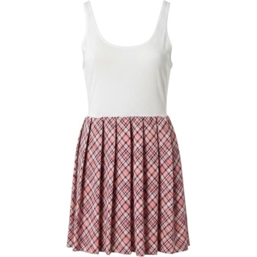 Kingston Grey Womens Pink Plaid‎ Pleated Mini Dress White Tank Top Mixed Media M